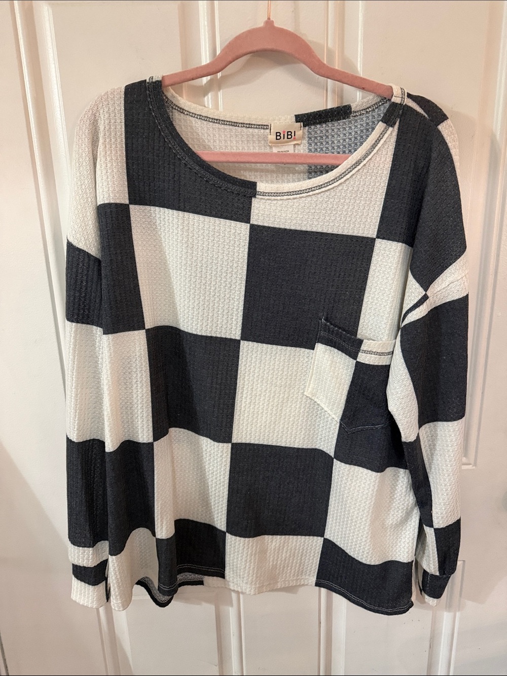 BiBi Black and White Checkerboard Waffle Knit Long Sleeve Top